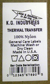 Barcode serialization variable data thermal nylon care label.