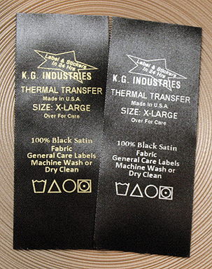 Gold or silver ribbon print on black satin thermal transfer label tape. Good labels for care and general home laundering and dry cleaning.