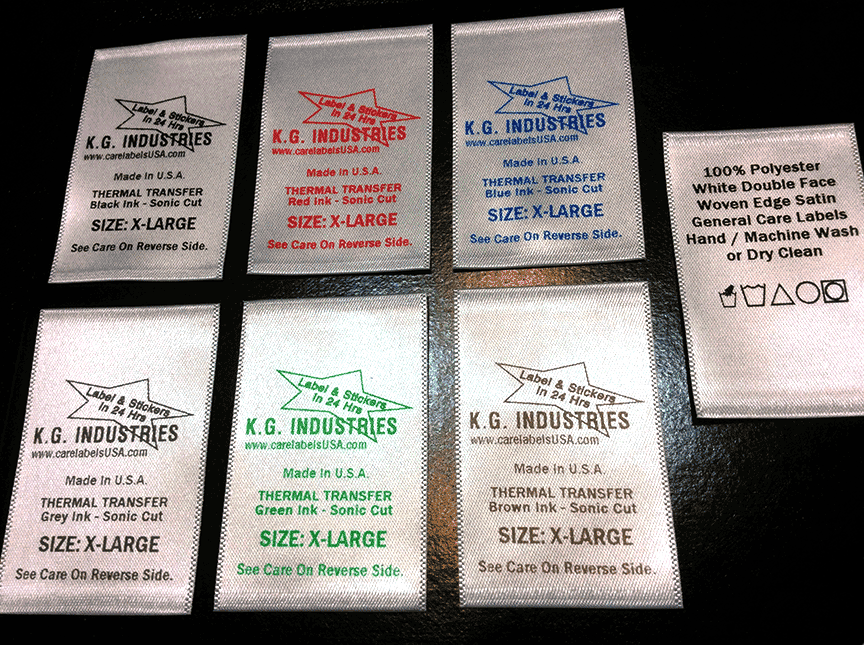 White woven edge double face satin wash care label. Ribon ink colors black red blue grey gray green and brown. All satin labels are cut with ultrasonic knife for fray-proof soft edges suitable for skin contact.